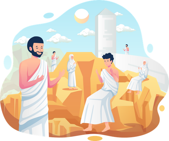 Pèlerinage musulman priant sur les montagnes de Jabal Rahmah sur la colline d'Arafat  Illustration