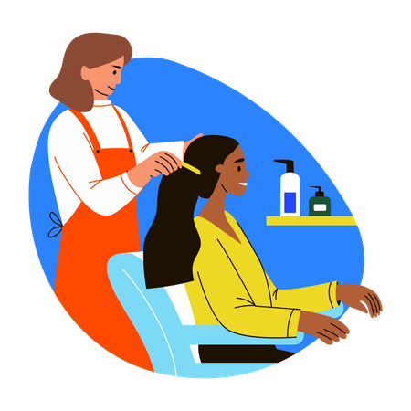 Peluquera haciendo extensiones de cabello a una clienta  Ilustración