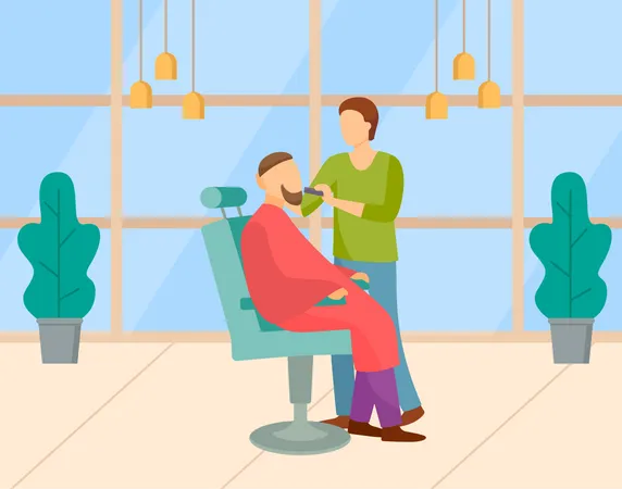 Peluquero barbero afeitando la barba de un cliente masculino en un salón de belleza para hombres  Ilustración