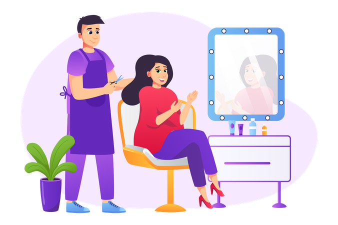 Corte de pelo y peinado de peluquería para un cliente sentado en una silla frente al espejo.  Ilustración