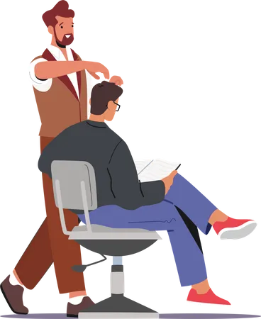 Peluquero peluquero haciendo peinado a un joven cliente sentado en una silla leyendo una revista  Ilustración
