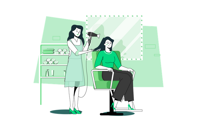 Peluquero seca un nuevo peinado para un cliente en una peluquería  Ilustración