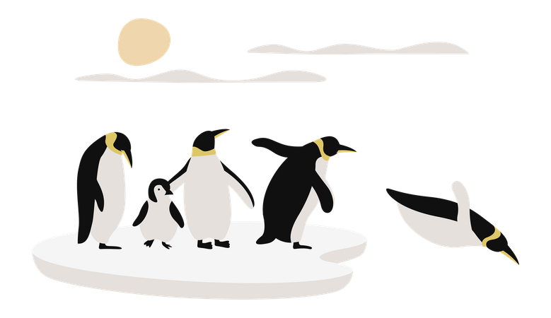 Penguin and Friends Stands On A Large Ice Floe  Illustration