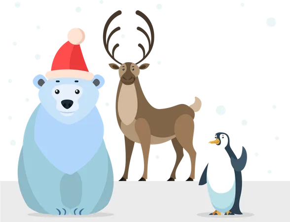 Polar White Bear Emperor Penguin And North Reindeer Cartoon Characters Merry Christmas Greeting Card Preparing For Winter Holidays Arctic Animal In Red Hat Vector Illustration In Flat Style Illustration