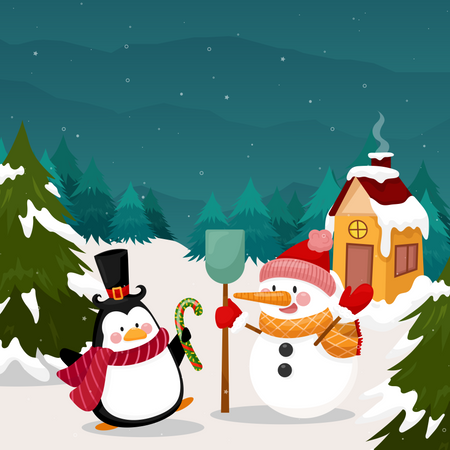 Penguin and snowman standing together  Illustration