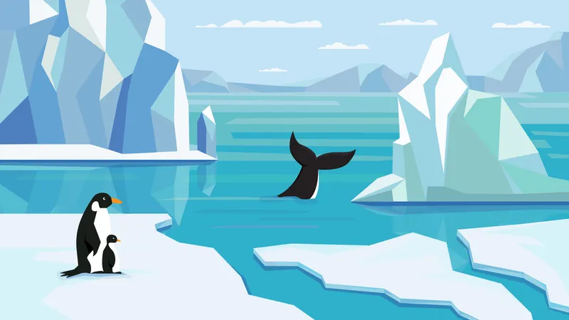Antarctic View Banner In Flat Cartoon Design Scenery With Penguins On Glacier Icebergs Float In Cold Blue Water Wildlife Panoramic With Northern Landscape Vector Illustration Of Web Background Illustration