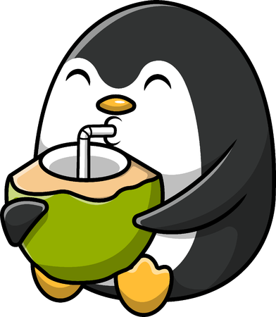 Penguin Drinking Coconut With Straw  Illustration