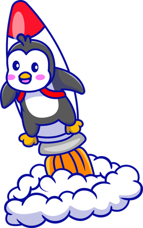 Penguin Flying With Rocket  Illustration