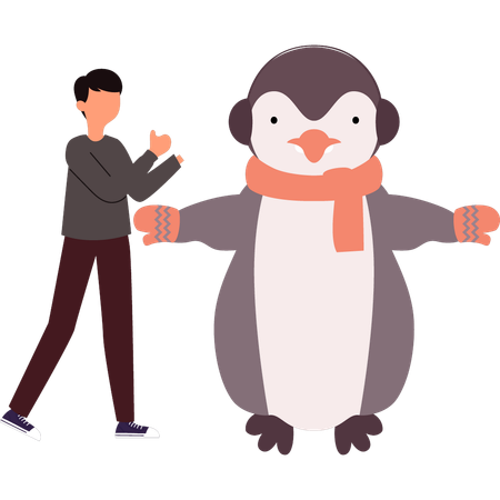 Penguin hugs a boy  イラスト