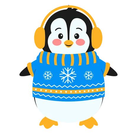 Penguin In Sweater With Headphones  Illustration