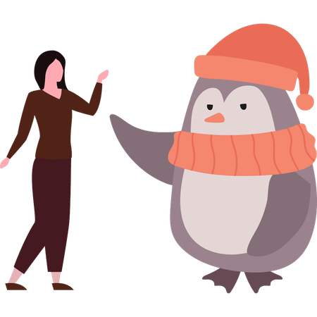 Penguin is approaching girl  Illustration