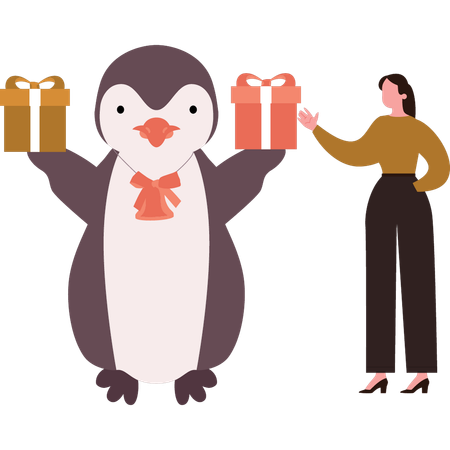Penguin is holding gift for girl  Illustration