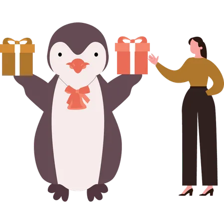 Penguin is holding gift for girl  Illustration