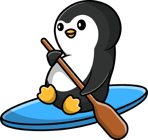 Penguin Rowing With Surfboard  Illustration