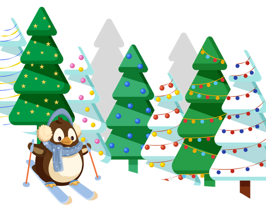 Penguin Skiing In Pine Tree Forest Downhill  イラスト