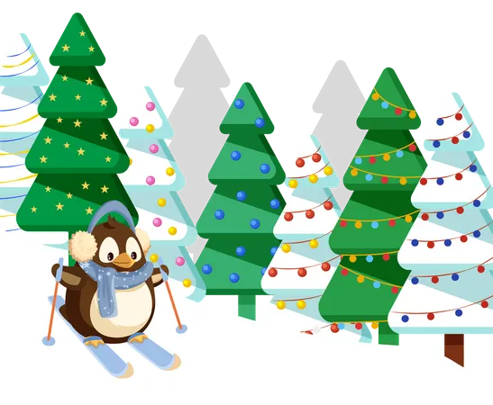 Winter Holidays And Rest In Cold Season Penguin Wearing Warm Clothes Scarf And Earmuffs Skiing Birdie In Forest With Pine Trees And Garlands Christmas Celebration And Active Lifestyle Vector イラスト