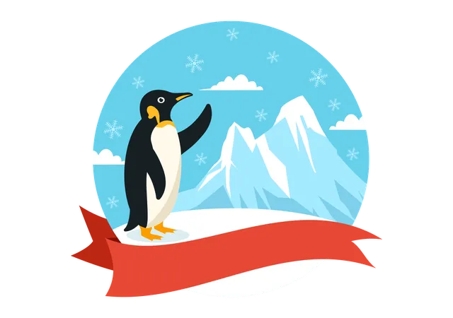 Penguin standing and showing mountian  Illustration
