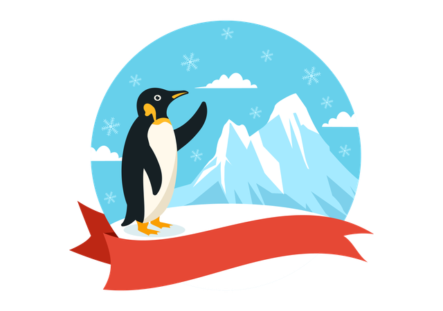 Penguin standing and showing mountian  Illustration