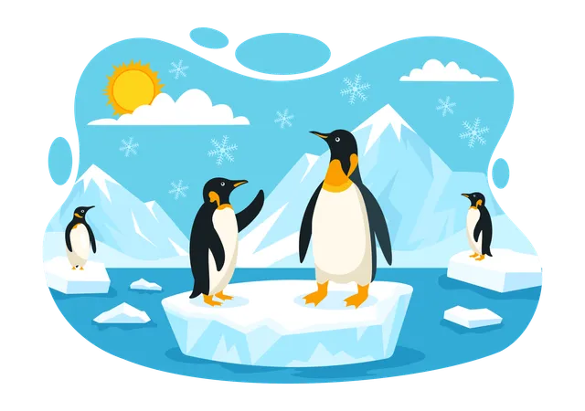 Penguin standing on different iceberg talking to each other  Illustration