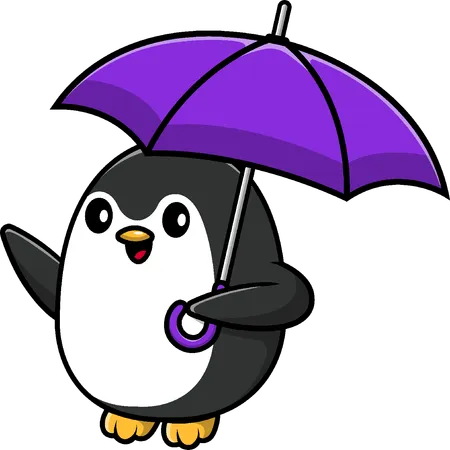 Penguin Waving Hand And Holding Umbrella  일러스트레이션
