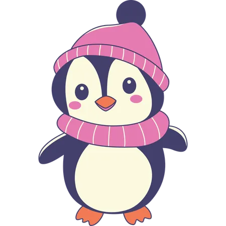 Penguin  Wearing Shawl Hat in Winter  Illustration