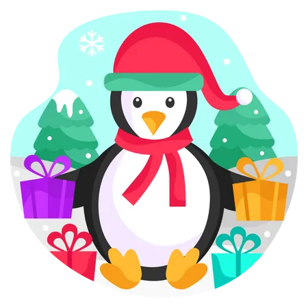 Penguin With Lots Of Gifts Illustration