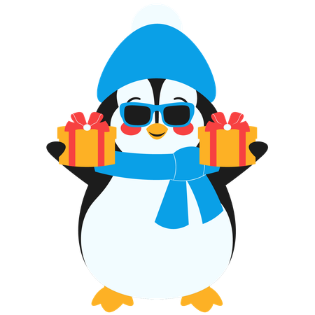 Penguin With Glasses Holding Gift Box  Illustration