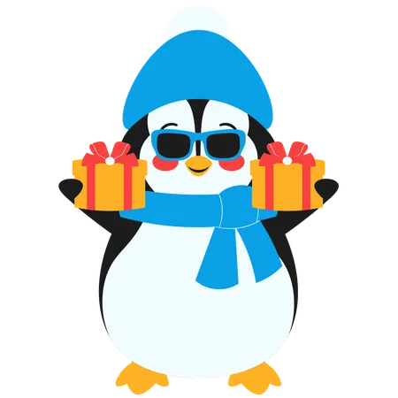Penguin With Glasses Holding Gift Box  Illustration