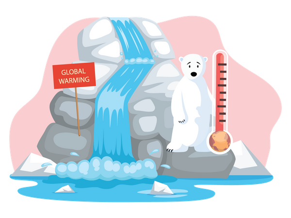 Penguins and polar bear floating on iceberg due to global warming Illustration