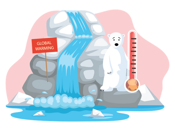 Penguins and polar bear floating on iceberg due to global warming  Illustration