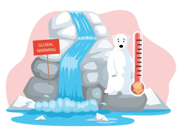 Penguins and polar bear floating on iceberg due to global warming  Illustration