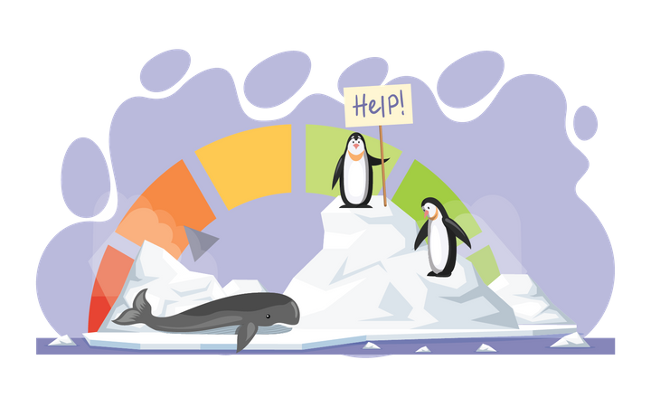 Penguins at polar region asking for help from global warming Illustration