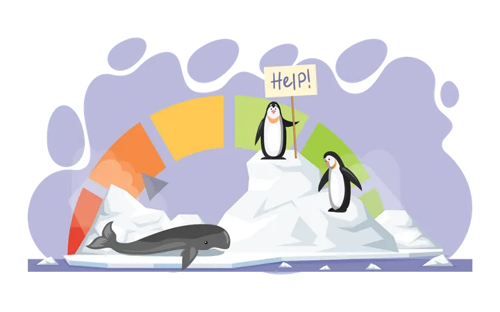 Penguins at polar region asking for help from global warming Illustration
