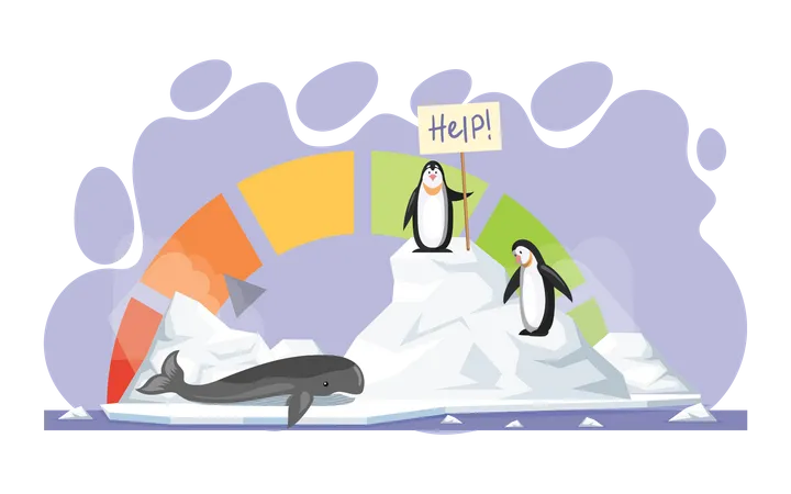 Penguins at polar region asking for help from global warming  Illustration