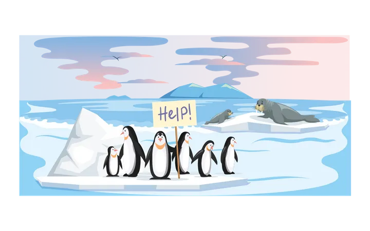 Penguins holding help board due to global warming Illustration