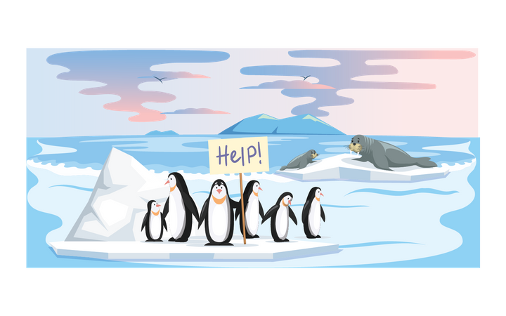 Penguins holding help board due to global warming  Illustration