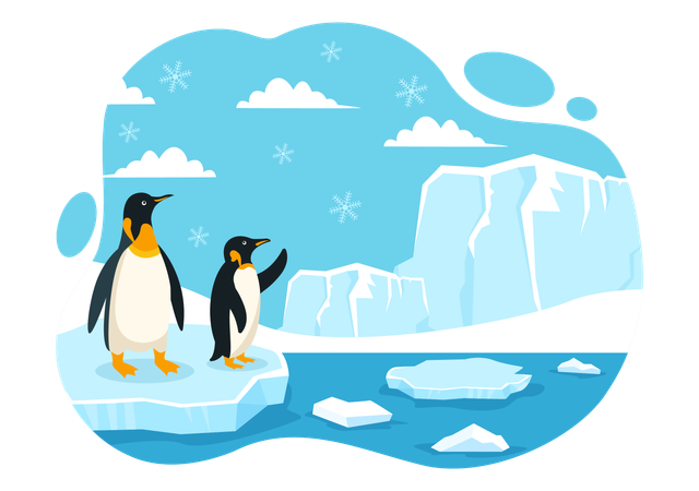 Penguins standing and looking at mountain  Illustration