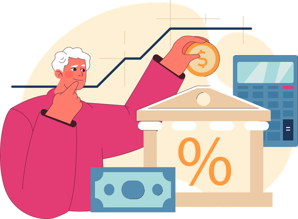 Sênior atencioso analisa gráficos financeiros para um futuro seguro  Ilustração