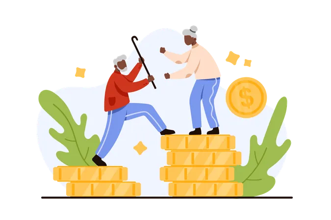 Pension Savings Profit For Family Budget Of Old Couple Financial Stability Tiny Grandfather And Grandmother Climb On Gold Dollar Coins Stack Retired People Save Money Cartoon Vector Illustration Illustration