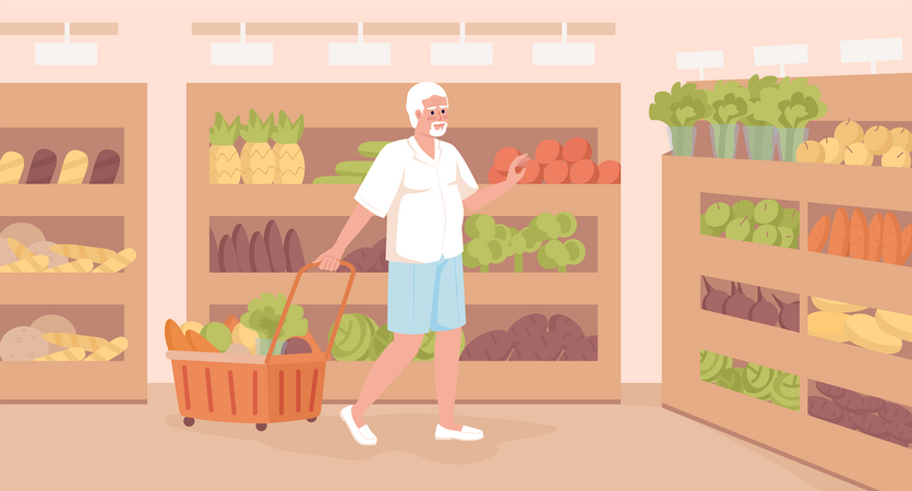 Pensioner purchasing veggies at supermarket  Illustration