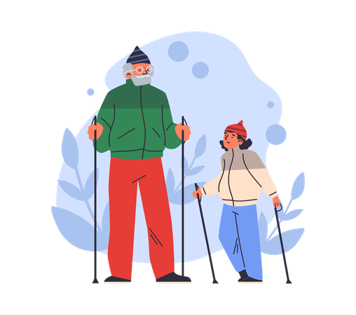 Pensioner with granddaughter in warm clothes nordic walking with sticks  Illustration