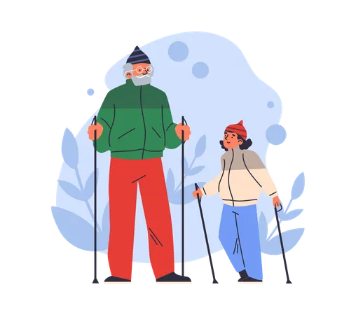 Pensioner with granddaughter in warm clothes nordic walking with sticks  Illustration