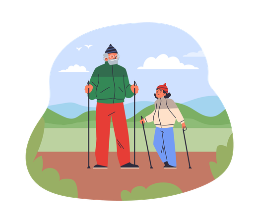 Pensioner with granddaughter nordic walking with sticks in natural landscape  Illustration