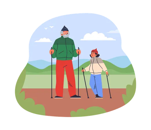 Pensioner with granddaughter nordic walking with sticks in natural landscape  Illustration