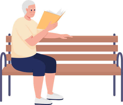 Pensionista masculino leyendo un libro y sentado en un banco  Ilustración