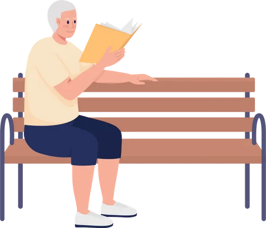 Pensionista masculino leyendo un libro y sentado en un banco  Ilustración