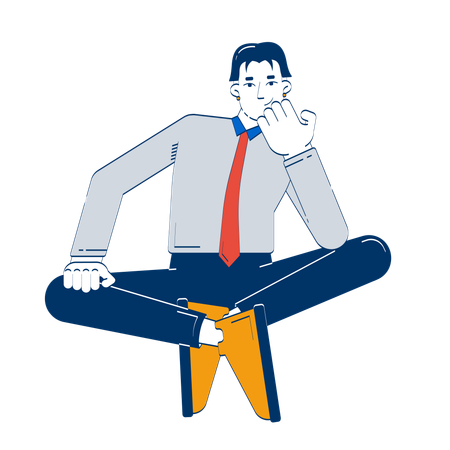 Pensive asian employee sitting cross-legged in thought  Illustration