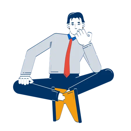 Pensive asian employee sitting cross-legged in thought  Illustration