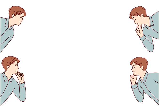 Pensive business man scratches chin and makes difficult decision peeks out from different corners  Illustration
