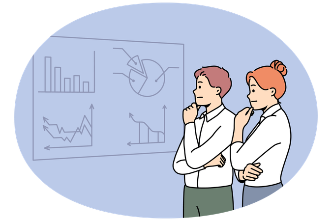 Pensive businesspeople brainstorm near board in boardroom  Illustration
